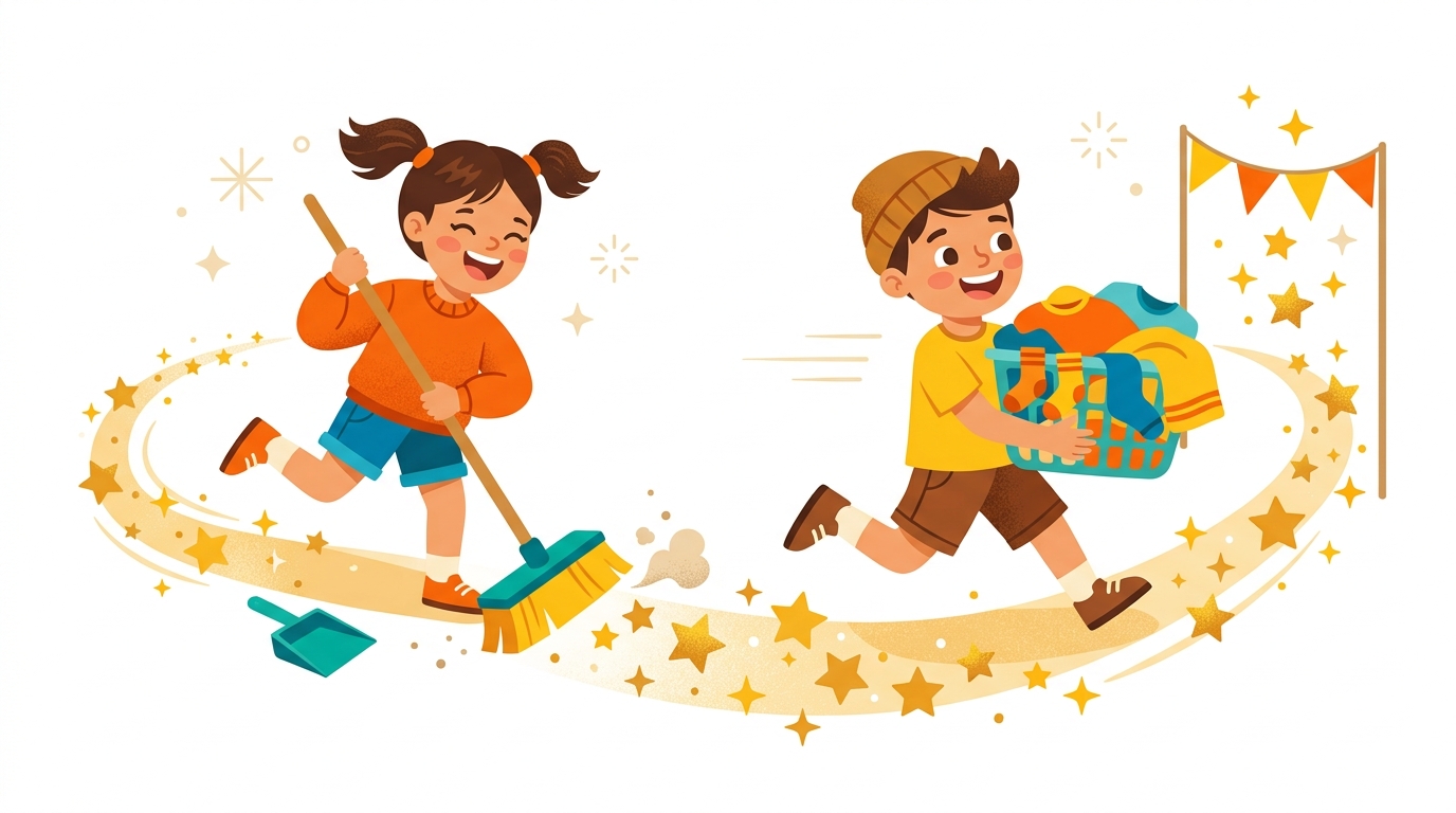 Glad familj som gör sysslor tillsammans med stjärnor och troféer